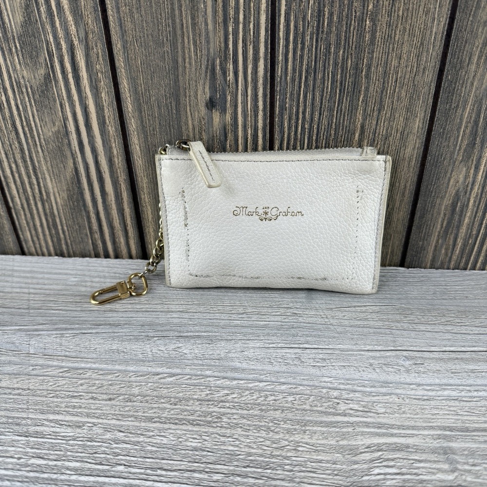 Mark & Graham Leather Zip Card Case Wallet Keychain Chain Clip Ivory Gold